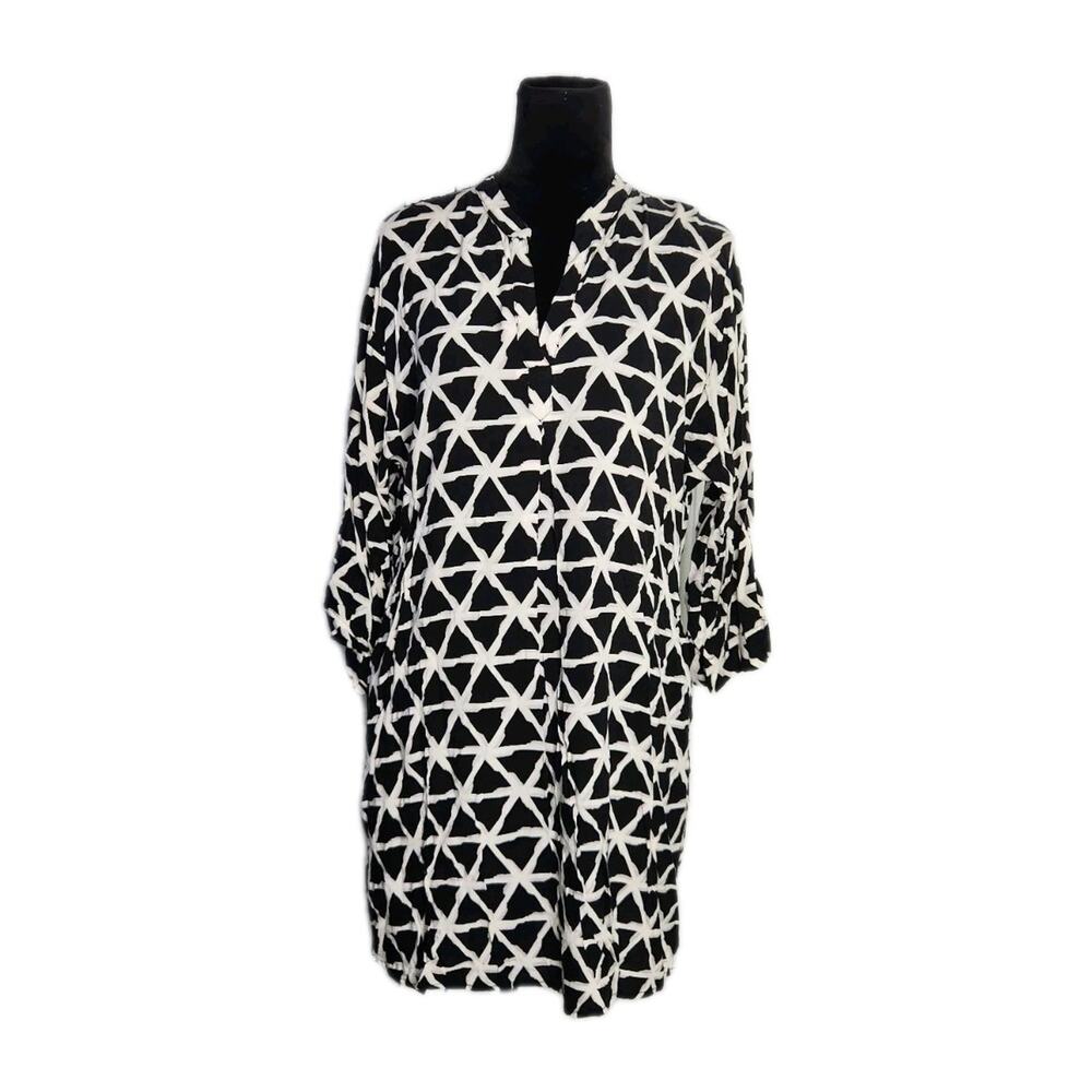 Natori Geometric Print Black White 3/4 Sleeve Pockets V Neck Dress Loungewear S
